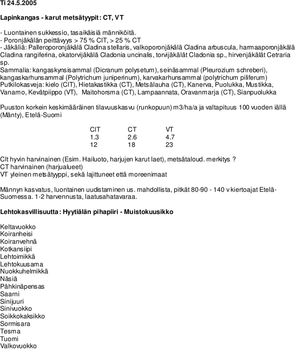 uncinalis, torvijäkälät Cladonia sp., hirvenjäkälät Cetraria sp.