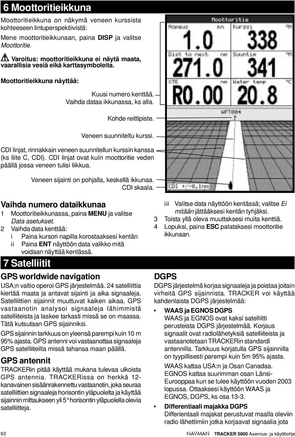 Veneen suunniteltu kurssi. CDI linjat, rinnakkain veneen suunnitellun kurssin kanssa (ks liite C, CDI). CDI linjat ovat kuín moottoritie veden päällä jossa veneen tulisi liikkua.