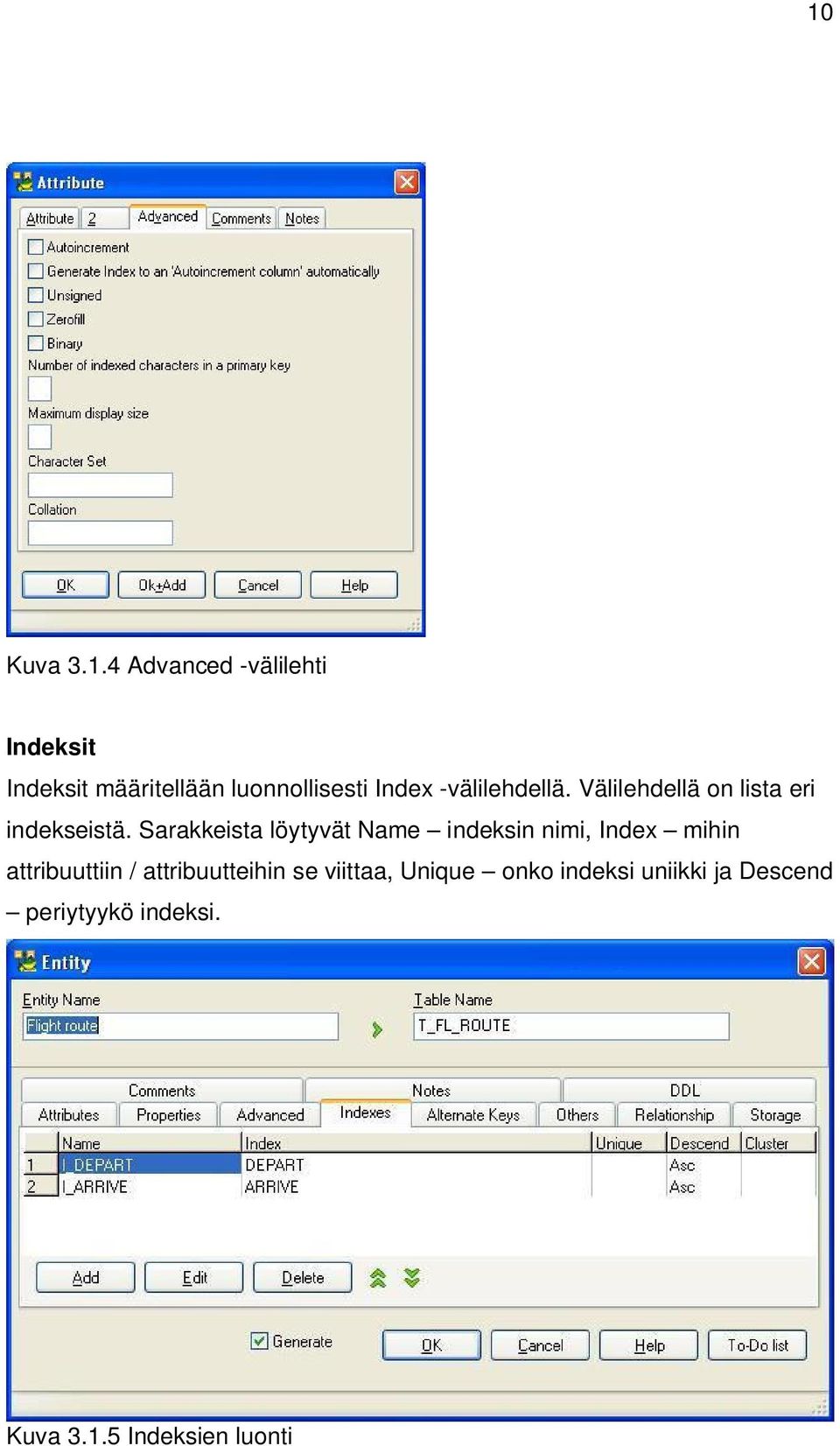 Sarakkeista löytyvät Name indeksin nimi, Index mihin attribuuttiin /