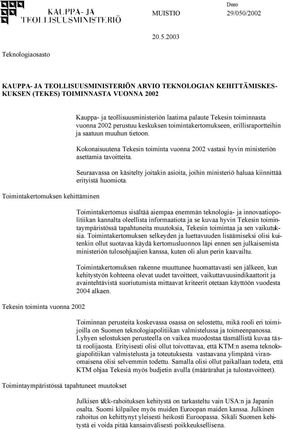 2003 Teknologiaosasto KAUPPA- JA TEOLLISUUSMINISTERIÖN ARVIO TEKNOLOGIAN KEHITTÄMISKES- KUKSEN (TEKES) TOIMINNASTA VUONNA 2002 Toimintakertomuksen kehittäminen Tekesin toiminta vuonna 2002