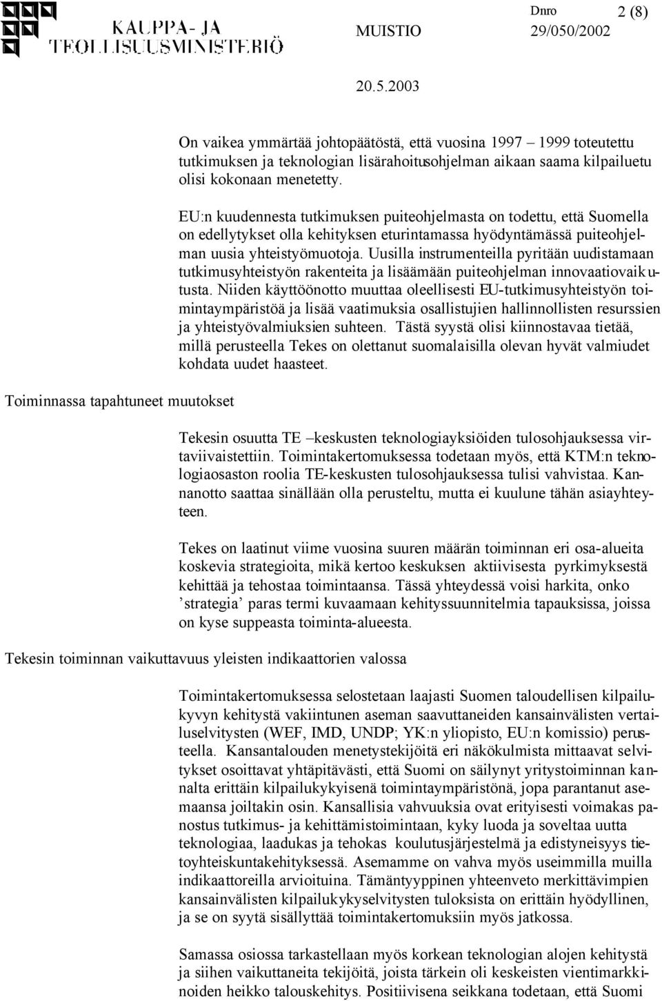 2003 Toiminnassa tapahtuneet muutokset On vaikea ymmärtää johtopäätöstä, että vuosina 1997 1999 toteutettu tutkimuksen ja teknologian lisärahoitusohjelman aikaan saama kilpailuetu olisi kokonaan