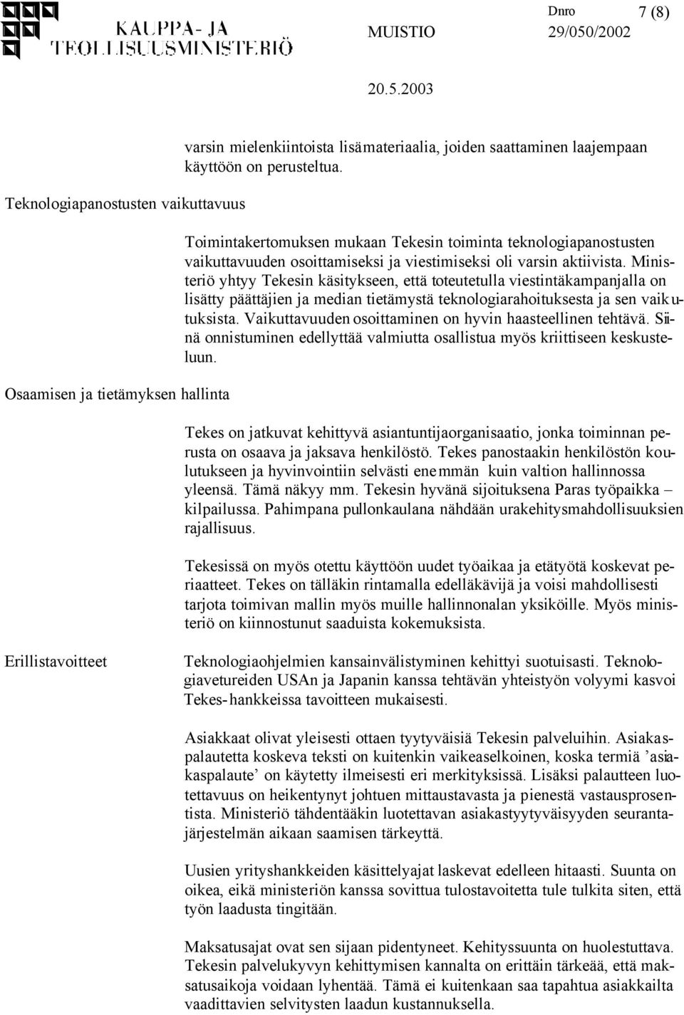 Ministeriö yhtyy Tekesin käsitykseen, että toteutetulla viestintäkampanjalla on lisätty päättäjien ja median tietämystä teknologiarahoituksesta ja sen vaik u- tuksista.