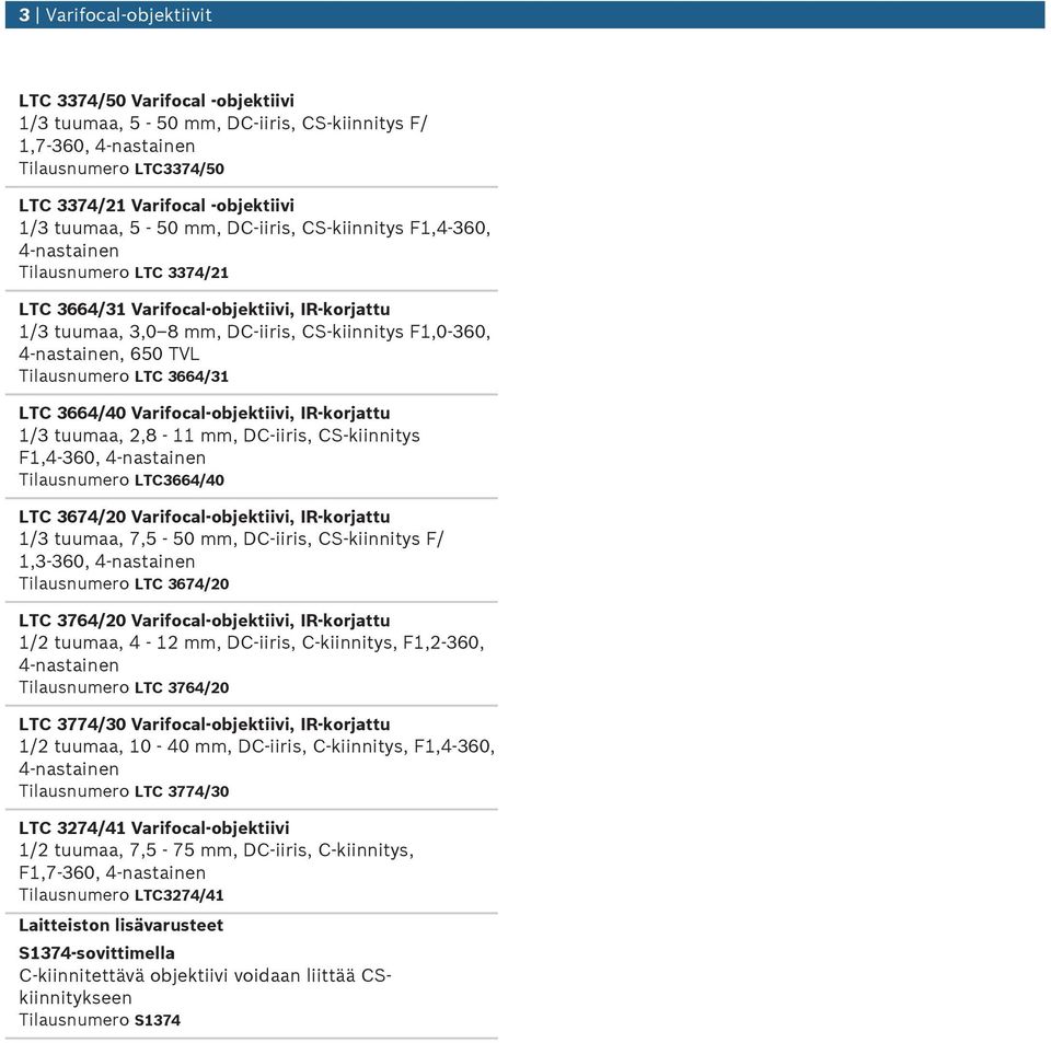 2,8-11 mm, DC-iiris, CS-kiinnitys F1,4-360, 4-nastainen Tilasnmero LTC3664/40 LTC 3674/20 Varifocal-, 1/3 tmaa, 7,5-50 mm, DC-iiris, CS-kiinnitys F/ 1,3-360, 4-nastainen Tilasnmero LTC 3674/20 LTC