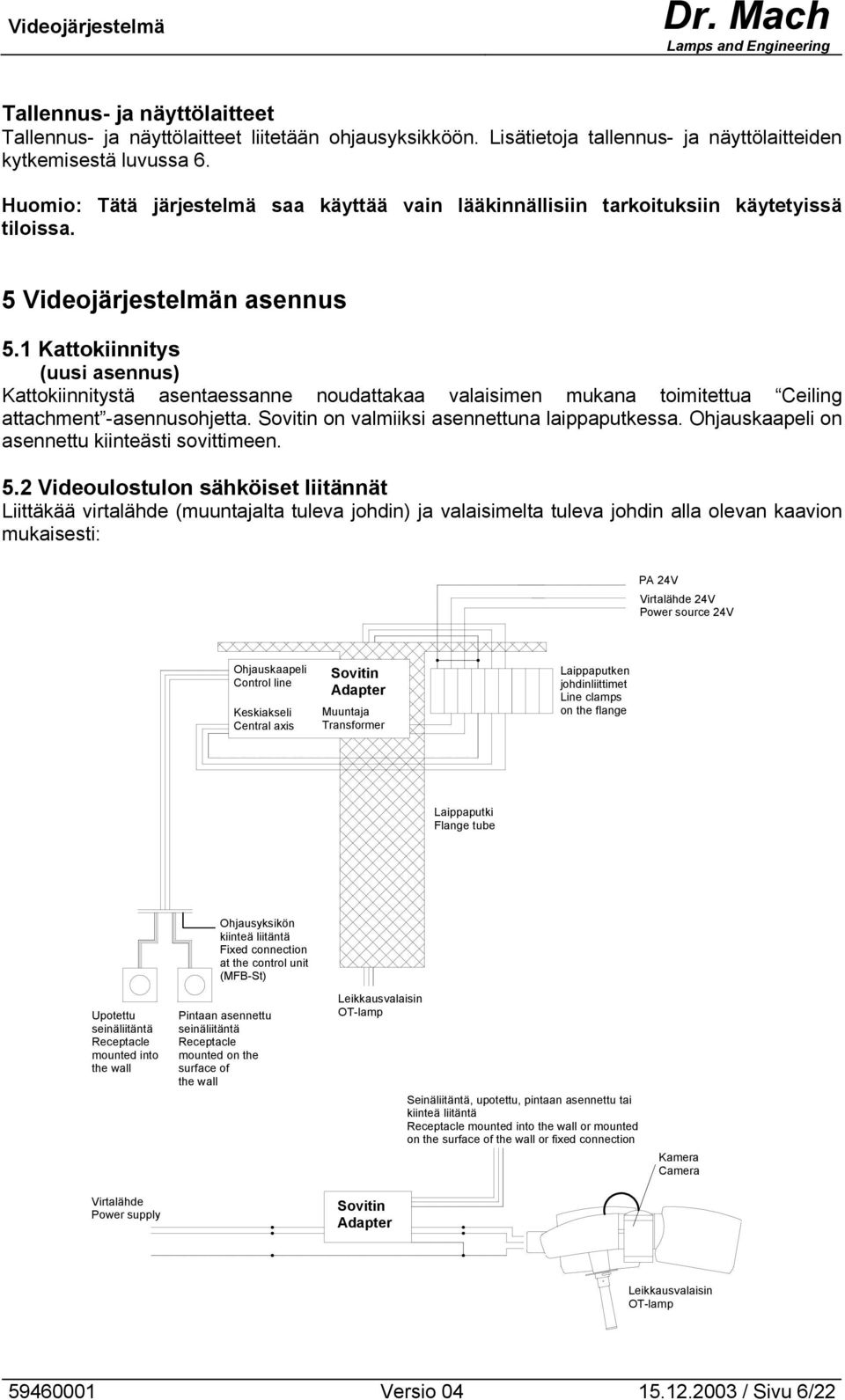 1 Kattokiinnitys (uusi asennus) Kattokiinnitystä asentaessanne noudattakaa valaisimen mukana toimitettua Ceiling attachment -asennusohjetta. Sovitin on valmiiksi asennettuna laippaputkessa.