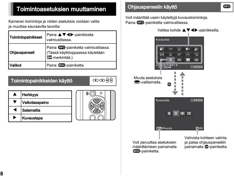 Paina G-painiketta valmiustilassa. Valitse kohde ABCD-painikkeilla. Kuvasuhde 99999 G Toimintopainikkeiden käyttö WXYZ Muuta asetuksia V-valitsimella.