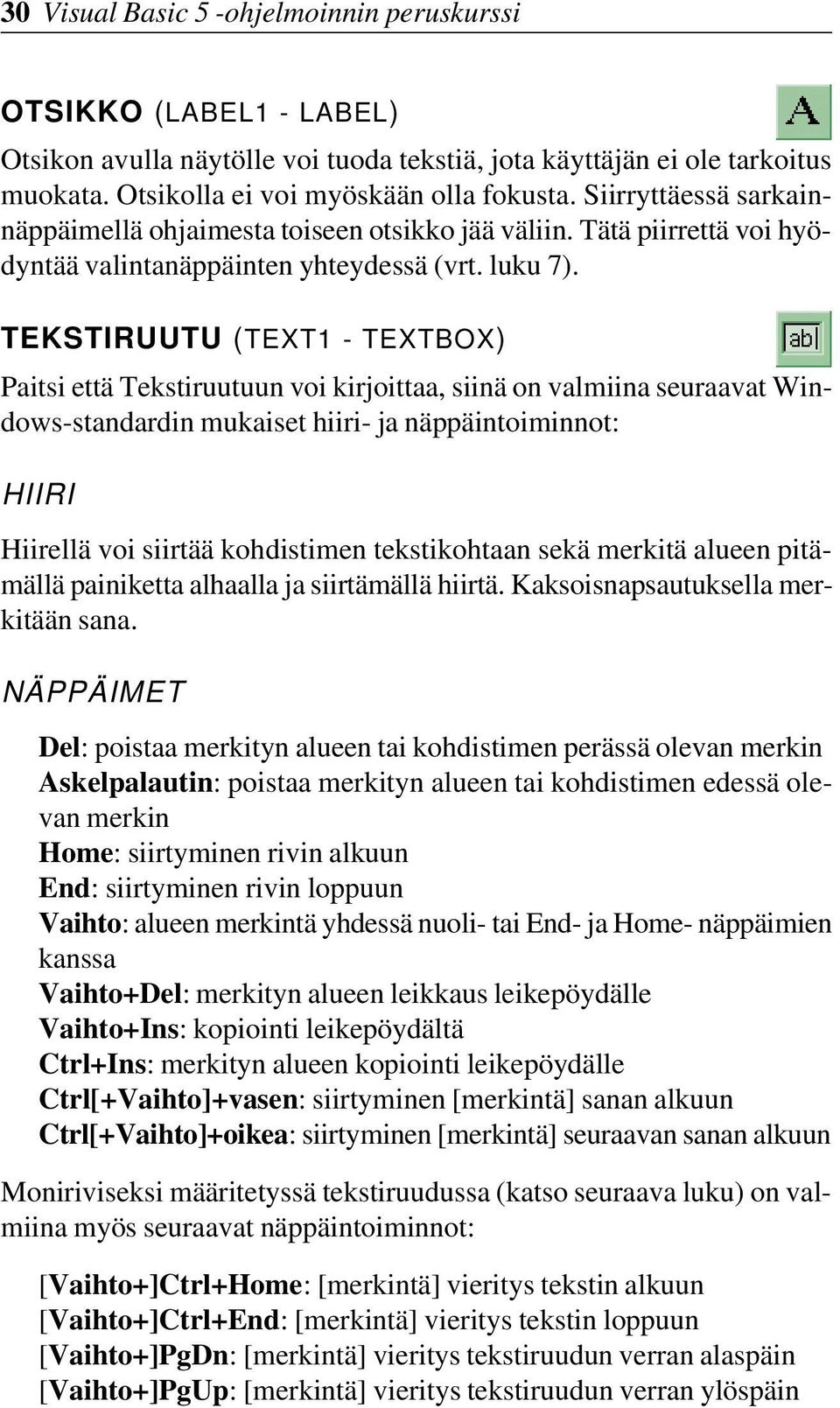 TEKSTIRUUTU (TEXT1 - TEXTBOX) Paitsi että Tekstiruutuun voi kirjoittaa, siinä on valmiina seuraavat Windows-standardin mukaiset hiiri- ja näppäintoiminnot: HIIRI Hiirellä voi siirtää kohdistimen