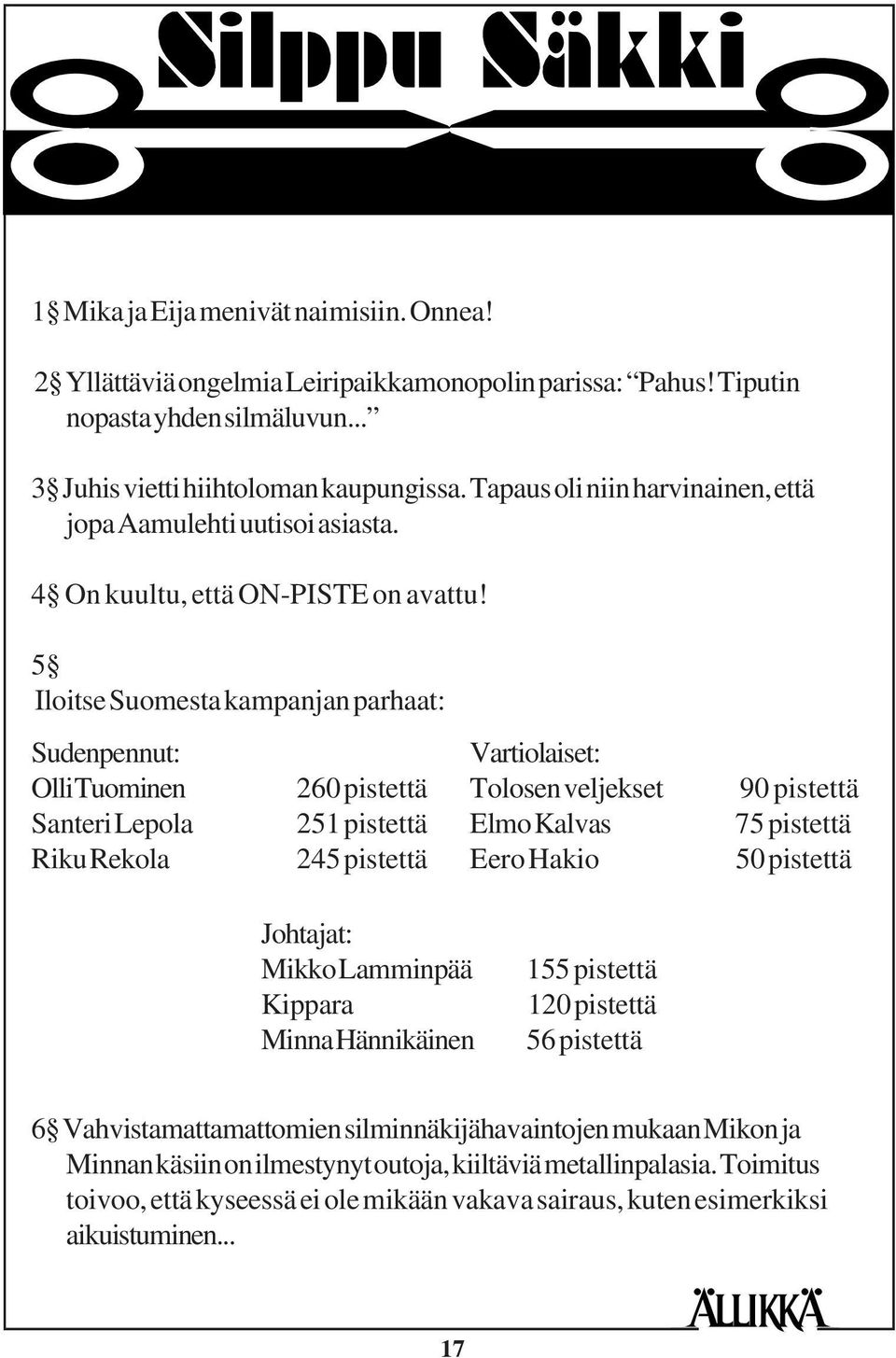 5 Iloitse Suomesta kampanjan parhaat: Sudenpennut: Olli Tuominen Santeri Lepola Riku Rekola 260 pistettä 251 pistettä 245 pistettä Vartiolaiset: Tolosen veljekset 90 pistettä Elmo Kalvas 75 pistettä