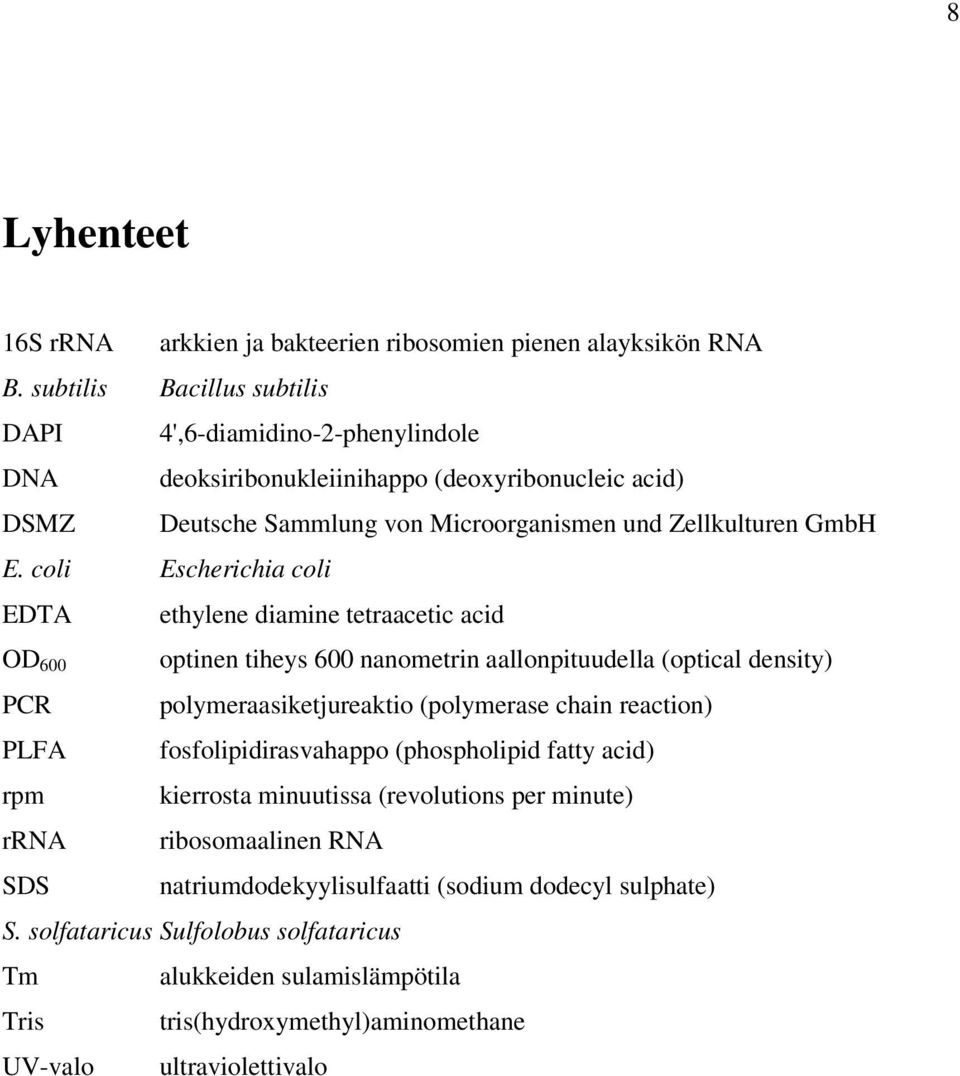 coli Escherichia coli EDTA ethylene diamine tetraacetic acid OD 600 PCR PLFA rpm rrna SDS optinen tiheys 600 nanometrin aallonpituudella (optical density) polymeraasiketjureaktio (polymerase