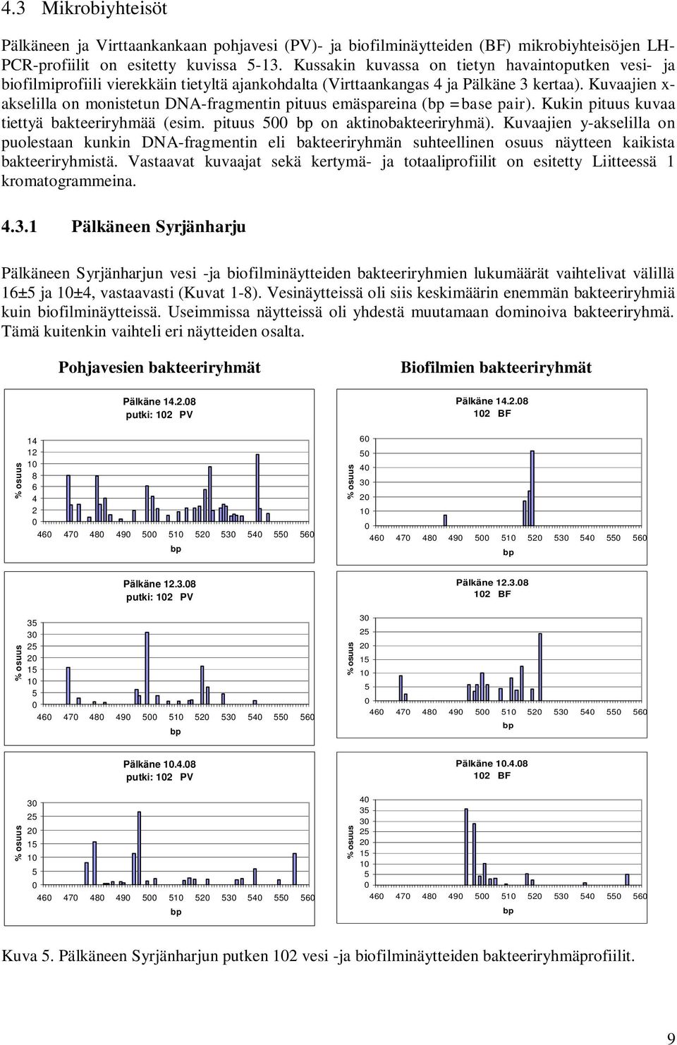 Kuvaajien x- akselilla on monistetun DNA-fragmentin pituus emäspareina ( =base pair). Kukin pituus kuvaa tiettyä bakteeriryhmää (esim. pituus on aktinobakteeriryhmä).