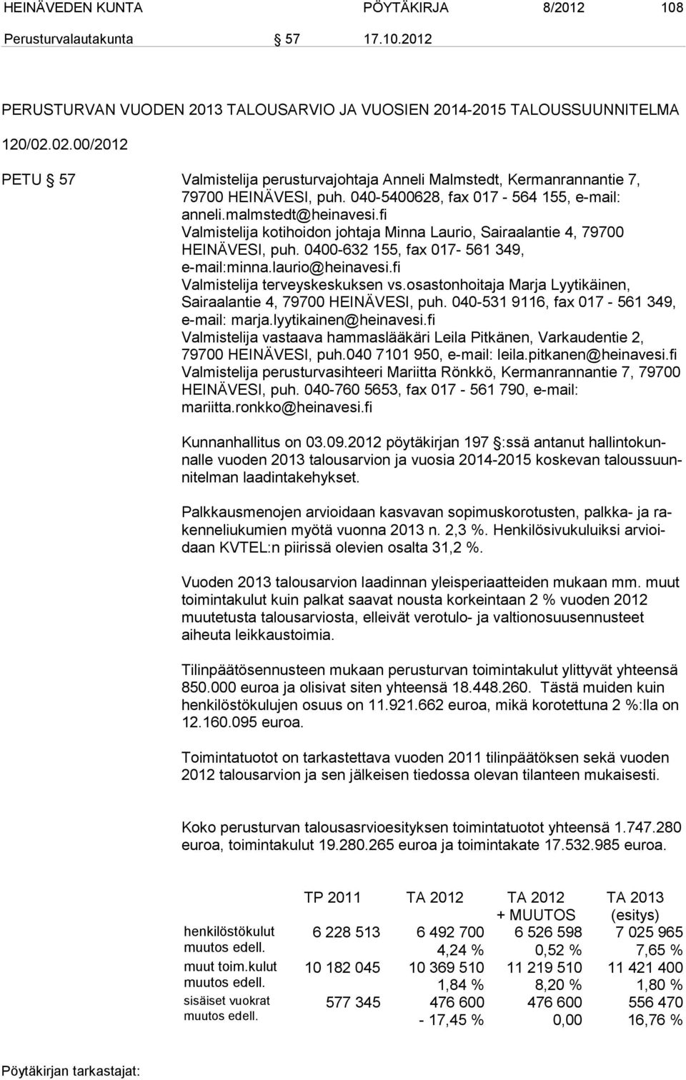 fi Valmistelija kotihoidon johtaja Minna Laurio, Sairaalantie 4, 79700 HEINÄVESI, puh. 0400-632 155, fax 017-561 349, e-mail:minna.laurio@heinavesi.fi Valmistelija terveyskeskuksen vs.