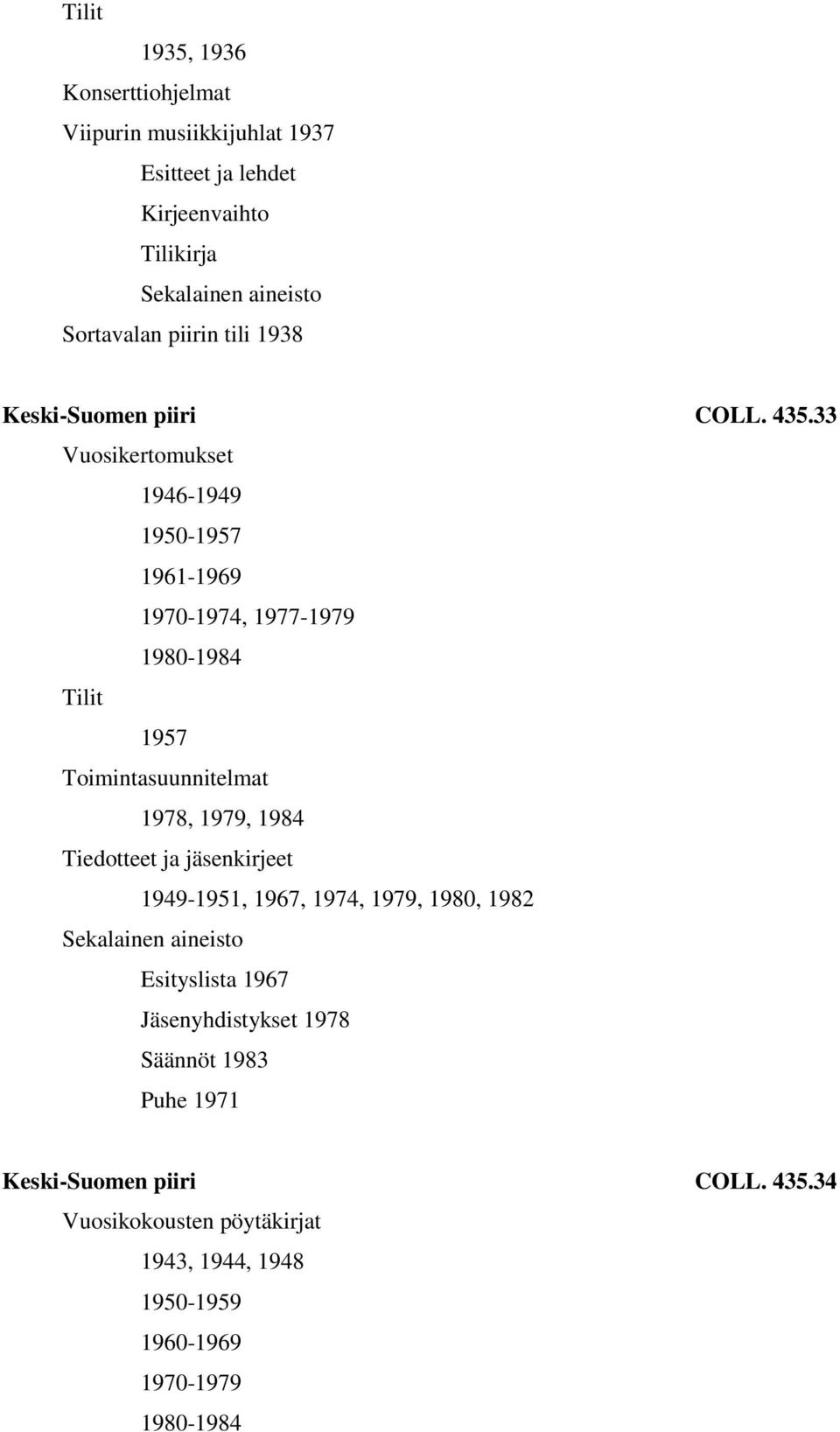 33 1946-1949 1950-1957 1961-1969 1970-1974, 1977-1979 1980-1984 Tilit 1957 Toimintasuunnitelmat 1978, 1979, 1984 Tiedotteet ja