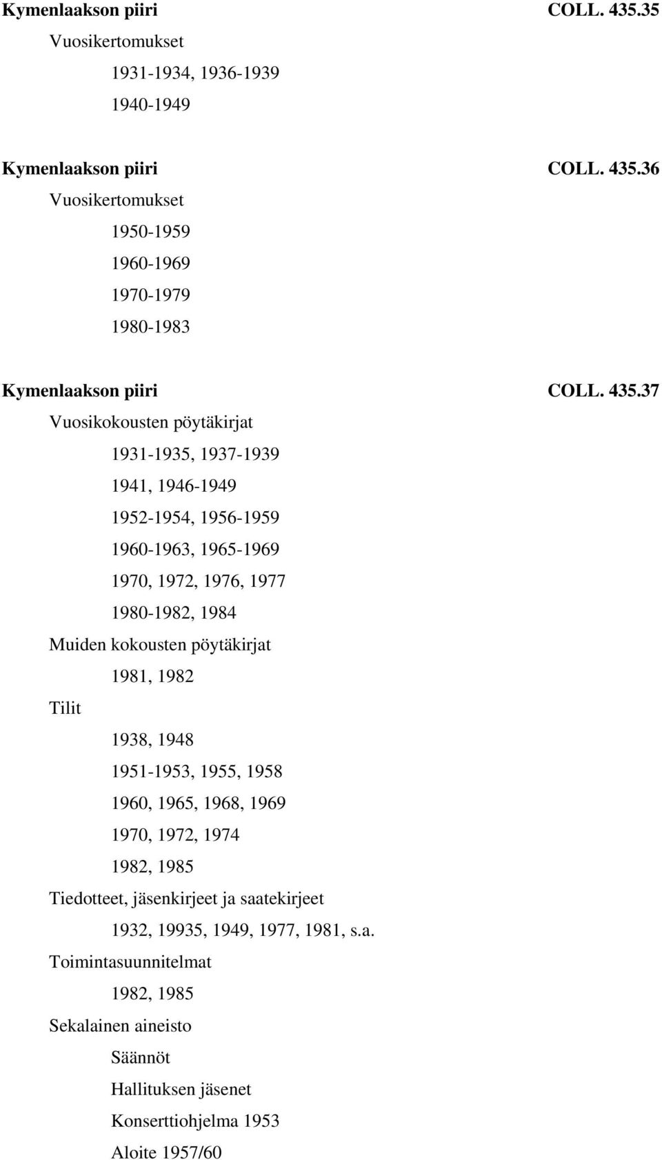 Muiden kokousten pöytäkirjat 1981, 1982 Tilit 1938, 1948 1951-1953, 1955, 1958 1960, 1965, 1968, 1969 1970, 1972, 1974 1982, 1985 Tiedotteet,