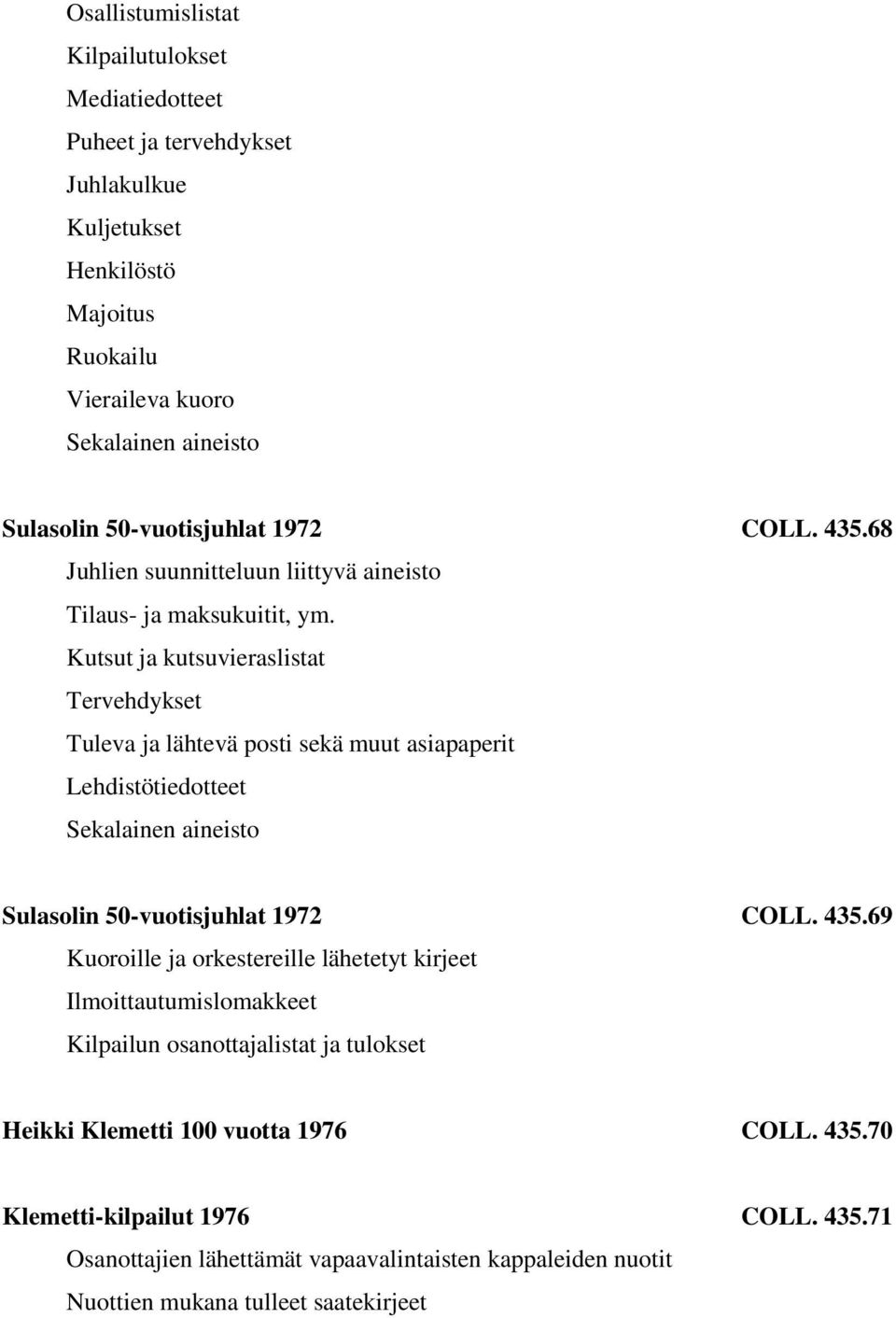 Kutsut ja kutsuvieraslistat Tervehdykset Tuleva ja lähtevä posti sekä muut asiapaperit Lehdistötiedotteet Sulasolin 50-vuotisjuhlat 1972 COLL. 435.