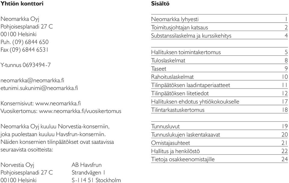 Näiden konsernien tilinpäätökset ovat saatavissa seuraavista osoitteista: Norvestia Oyj AB Havsfrun Pohjoisesplanadi 27 C Strandvägen 1 00100 Helsinki S-114 51 Stockholm Sisältö Neomarkka lyhyesti 1