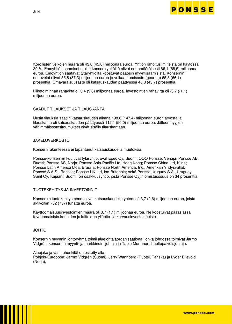 Konsernin nettovelat olivat 35,8 (37,3) miljoonaa euroa ja velkaantumisaste (gearing) 65,3 (66,1) prosenttia. Omavaraisuusaste oli katsauskauden päättyessä 40,8 (43,7) prosenttia.