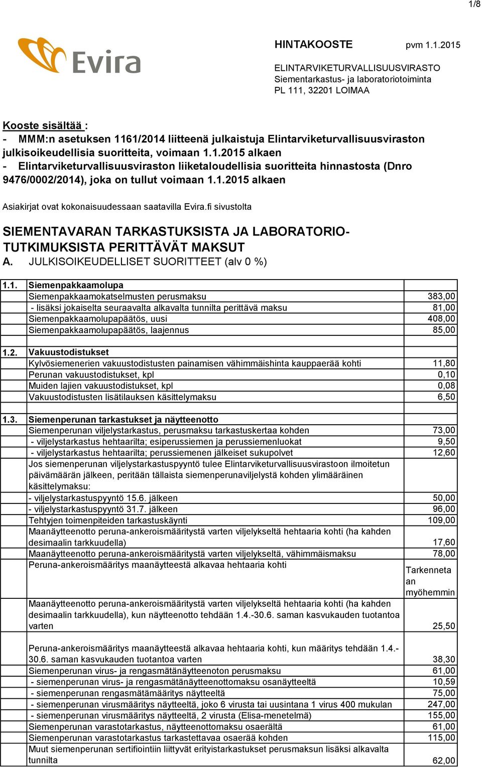 1.2015 alkaen - Elintarviketurvallisuusviraston liiketaloudellisia suoritteita hinnastosta (Dnro 9476/0002/2014), joka on tullut voimaan 1.1.2015 alkaen Asiakirjat ovat kokonaisuudessaan saatavilla Evira.