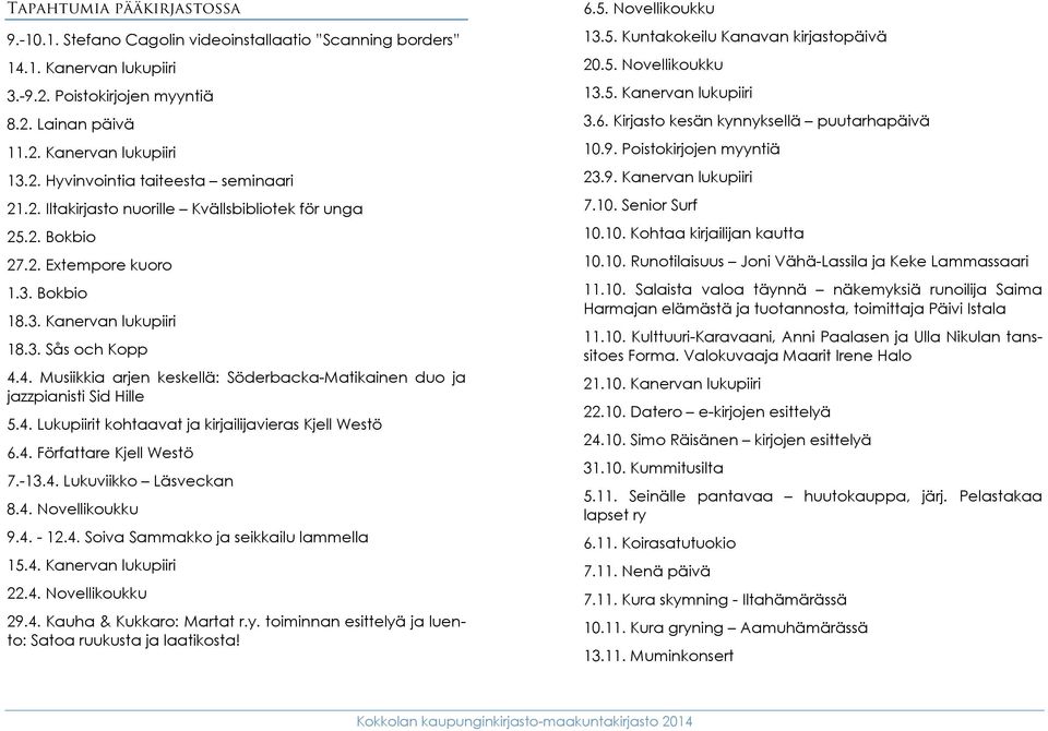 4. Musiikkia arjen keskellä: Söderbacka-Matikainen duo ja jazzpianisti Sid Hille 5.4. Lukupiirit kohtaavat ja kirjailijavieras Kjell Westö 6.4. Författare Kjell Westö 7.-13.4. Lukuviikko Läsveckan 8.