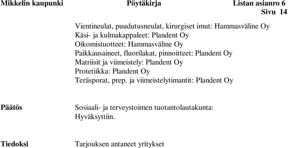 Plandent Oy Matriisit ja viimeistely: Plandent Oy Protetiikka: Plandent Oy Teräsporat, prep.