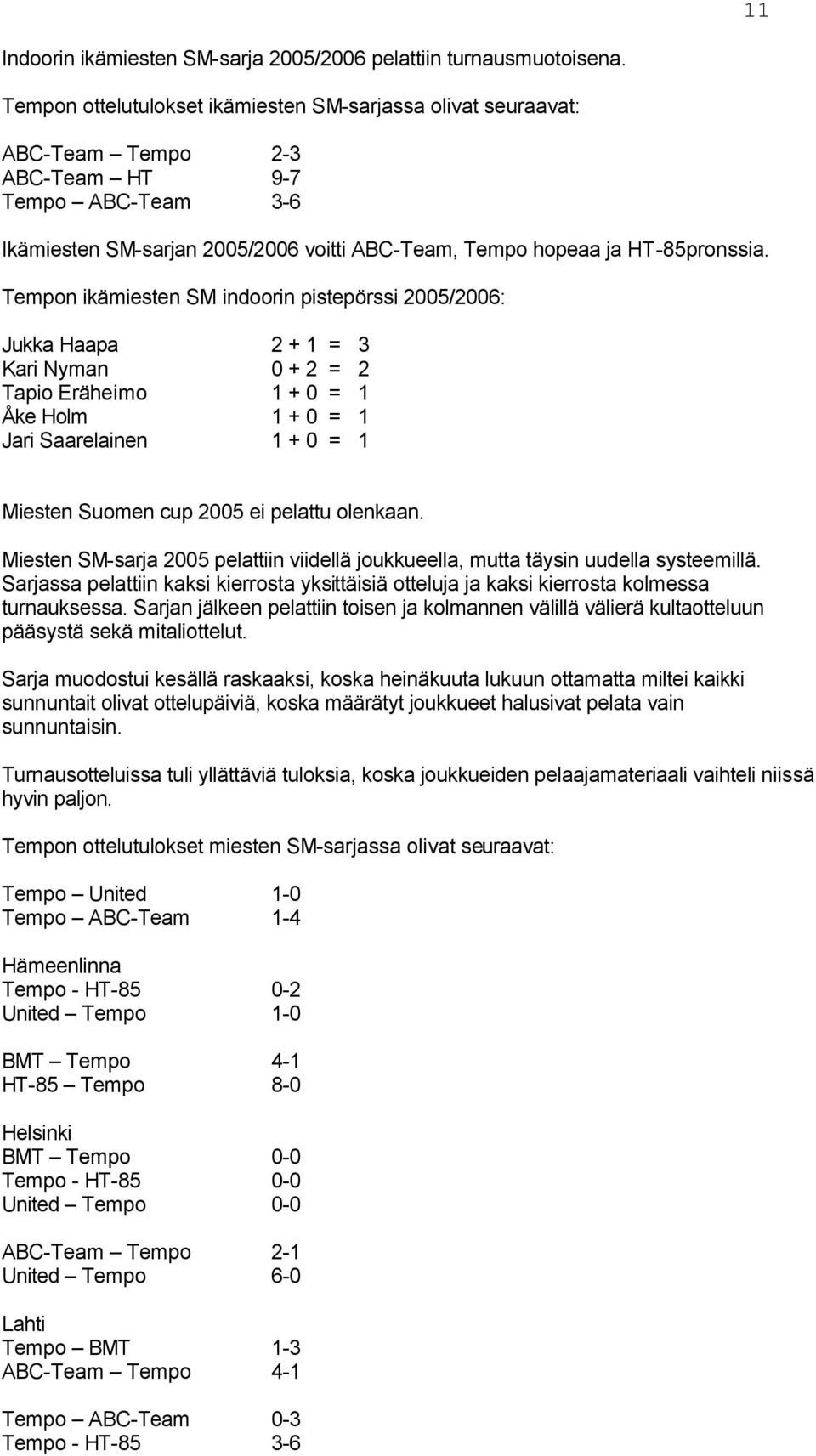 Tempon ikämiesten SM indoorin pistepörssi 2005/2006: Jukka Haapa 2 + 1 = 3 Kari Nyman 0 + 2 = 2 Tapio Eräheimo 1 + 0 = 1 Åke Holm 1 + 0 = 1 Jari Saarelainen 1 + 0 = 1 Miesten Suomen cup 2005 ei