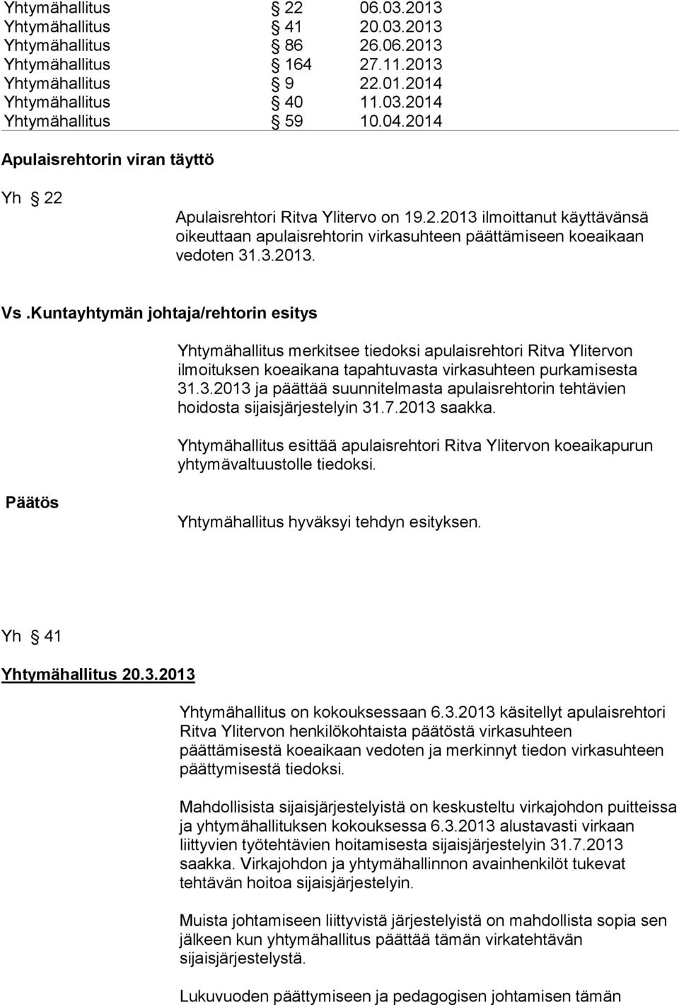 Kuntayhtymän johtaja/rehtorin esitys Yhtymähallitus merkitsee tiedoksi apulaisrehtori Ritva Ylitervon ilmoituksen koeaikana tapahtuvasta virkasuhteen purkamisesta 31