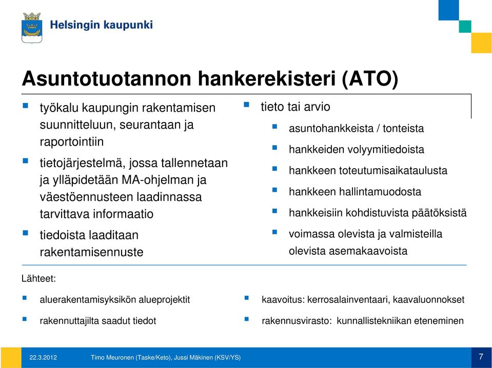 toteutumisaikataulusta hankkeen hallintamuodosta hankkeisiin kohdistuvista päätöksistä voimassa olevista ja valmisteilla olevista asemakaavoista Lähteet: aluerakentamisyksikön