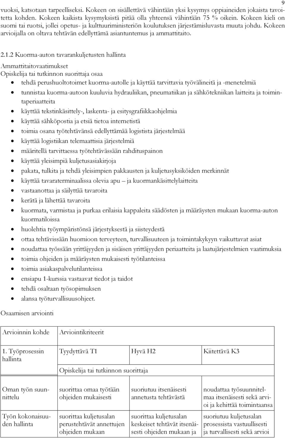 1.2 Kuorma-auton tavarankuljetusten hallinta Ammattitaitovaatimukset osaa tehdä perushuoltotoimet kuorma-autolle ja käyttää tarvittavia työvälineitä ja -menetelmiä tunnistaa kuorma-autoon kuuluvia