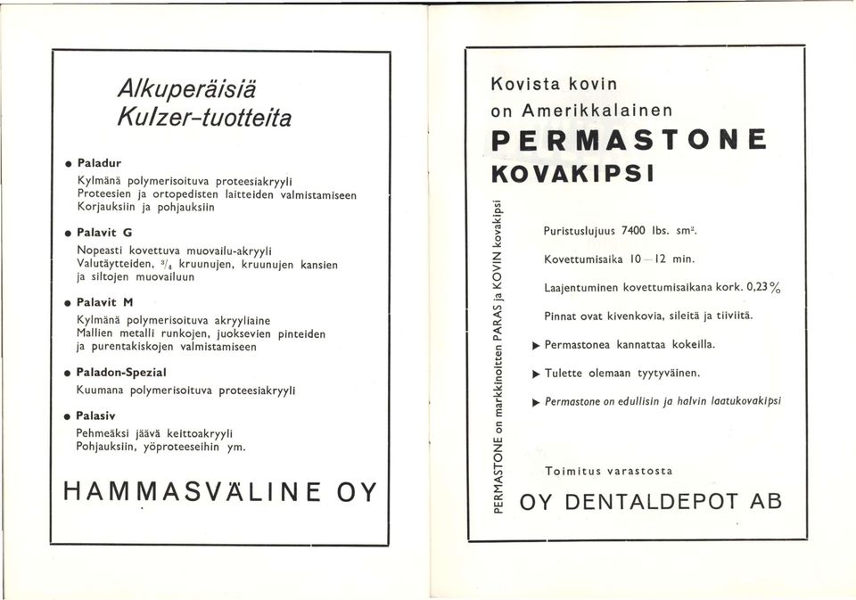 valmistamiseen Paladon-Spezlal Kuumana polymerisoituva proteesiakryyli Palasiv Pehmeäksi jäävä keittoakryyli Pohjauksiin, yöproteeseihin ym.