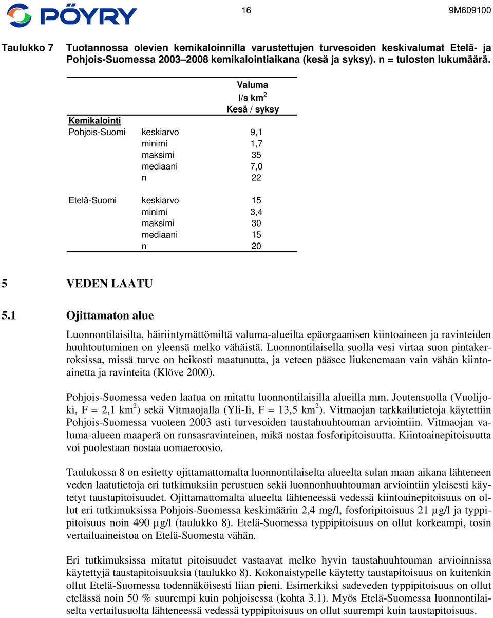 1 Ojittamaton alue Luonnontilaisilta, häiriintymättömiltä valuma-alueilta epäorgaanisen kiintoaineen ja ravinteiden huuhtoutuminen on yleensä melko vähäistä.