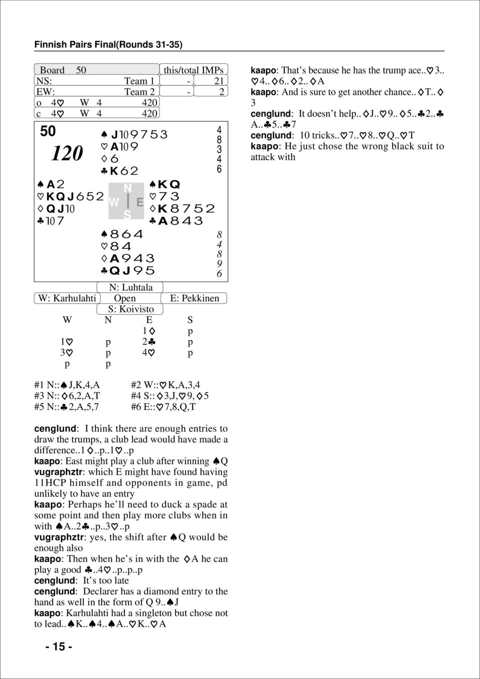 . T kaao: He just chose the wrong black suit to attack with #1 :: J,K,,A #2 :: K,A,, # ::,2,A,T # ::,J, 9, # :: 2,A,, # ::,,Q,T cenglund: I think there are enough entries to draw the trums, a club