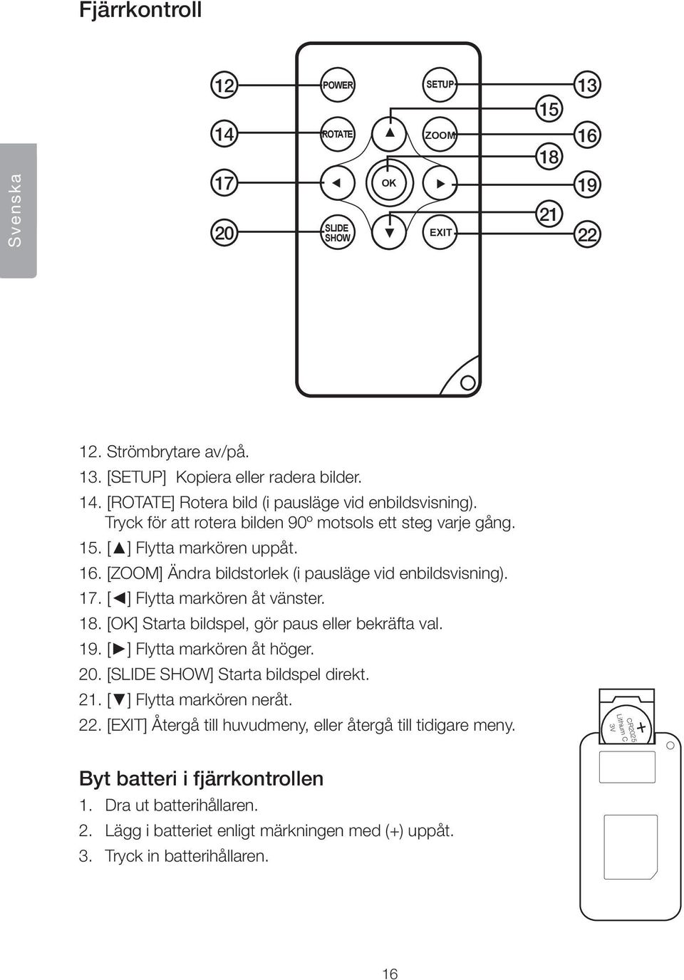 [OK] Starta bildspel, gör paus eller bekräfta val. 19. [ ] Flytta markören åt höger. 20. [SLIDE SHOW] Starta bildspel direkt. 21. [ ] Flytta markören neråt. 22.