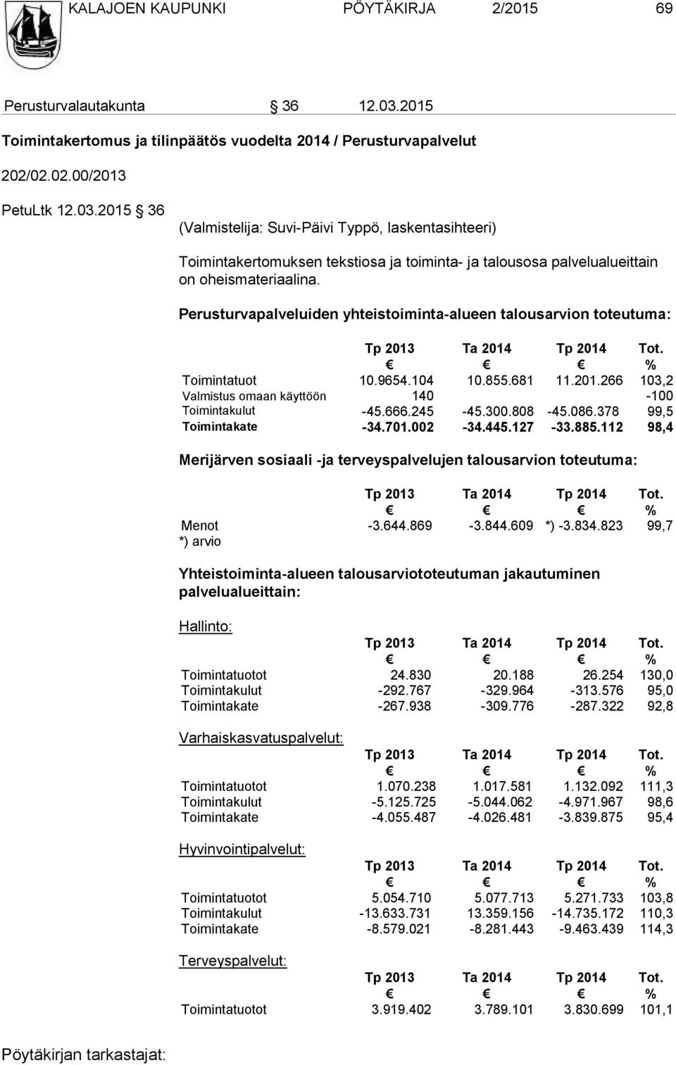 2015 36 (Valmistelija: Suvi-Päivi Typpö, laskentasihteeri) Toimintakertomuksen tekstiosa ja toiminta- ja talousosa palvelualueittain on oheismateriaalina.