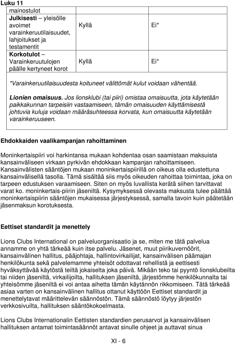 Jos lionsklubi (tai piiri) omistaa omaisuutta, jota käytetään paikkakunnan tarpeisiin vastaamiseen, tämän omaisuuden käyttämisestä johtuvia kuluja voidaan määräsuhteessa korvata, kun omaisuutta