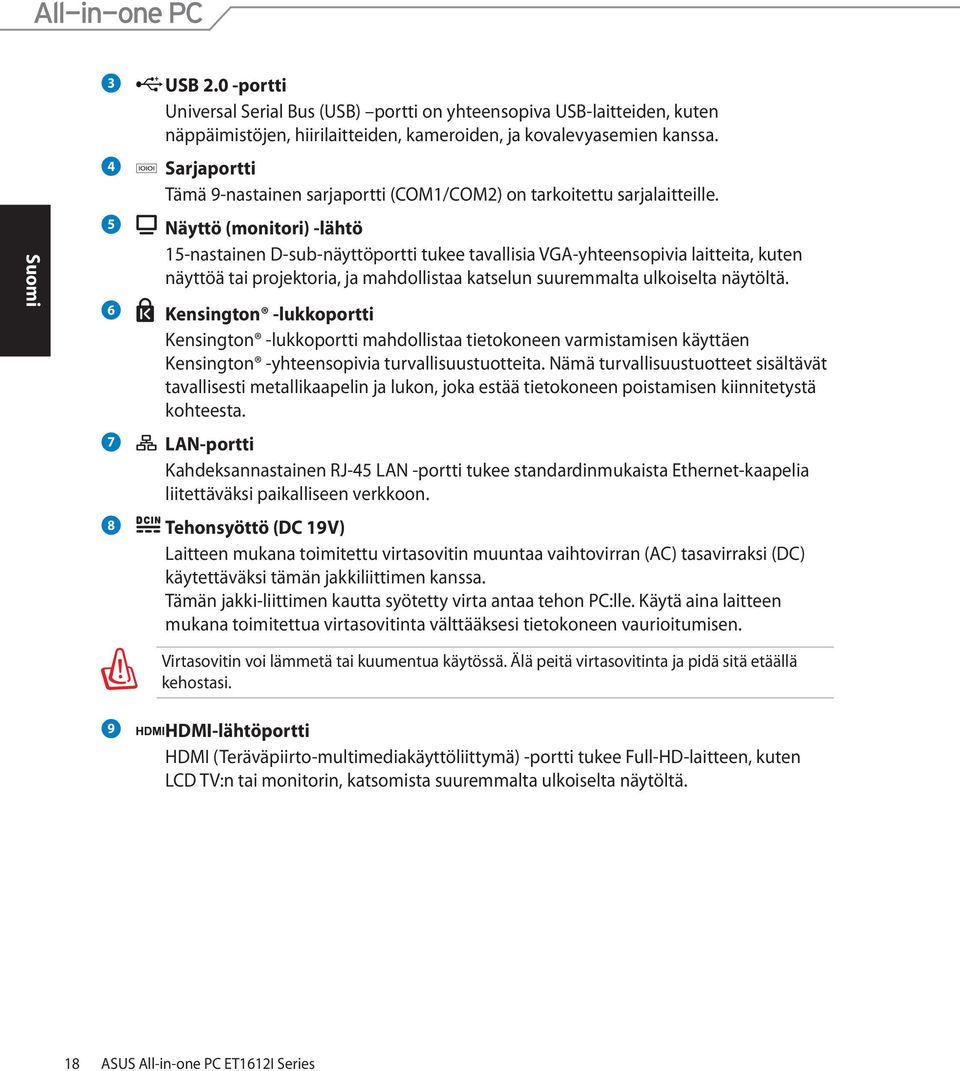 5 Näyttö (monitori) -lähtö 15-nastainen D-sub-näyttöportti tukee tavallisia VGA-yhteensopivia laitteita, kuten näyttöä tai projektoria, ja mahdollistaa katselun suuremmalta ulkoiselta näytöltä.