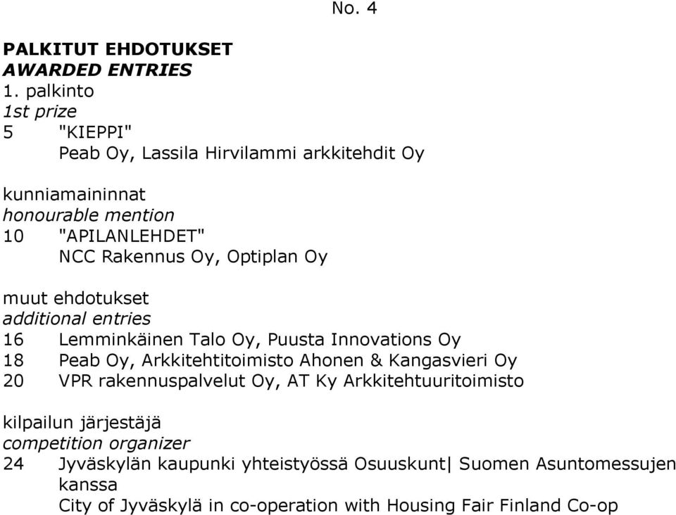 & Kangasvieri Oy 20 VPR rakennuspalvelut Oy, AT Ky Arkkitehtuuritoimisto kilpailun järjestäjä 24 Jyväskylän