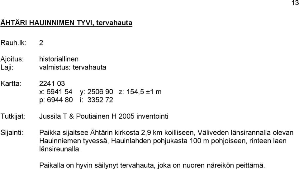 i: 3352 72 Tutkijat: Sijainti: Jussila T & Poutiainen H 2005 inventointi Paikka sijaitsee Ähtärin kirkosta 2,9 km