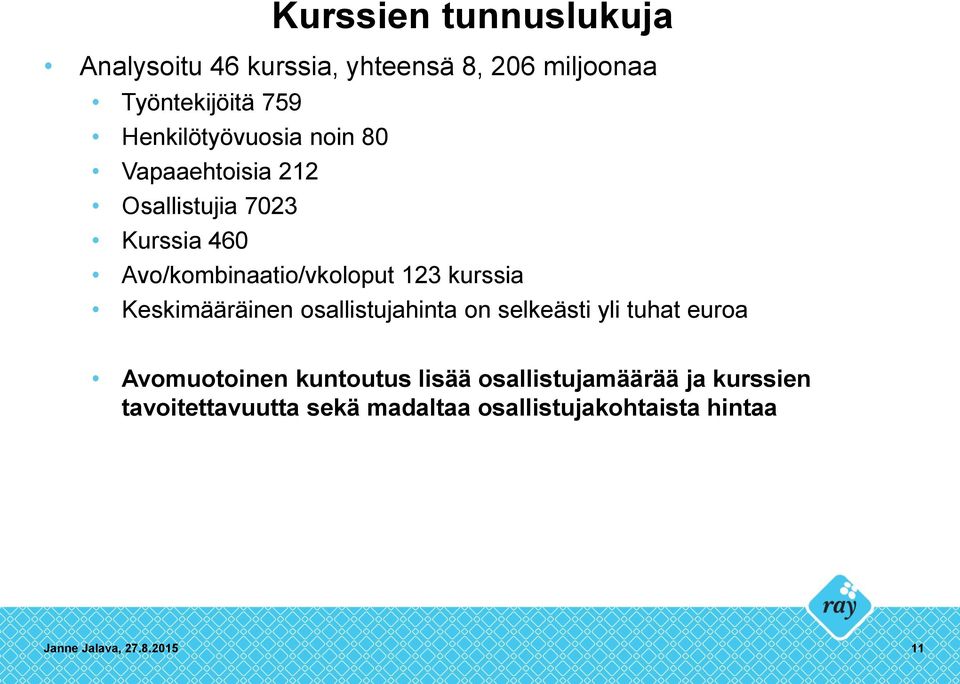 123 kurssia Keskimääräinen osallistujahinta on selkeästi yli tuhat euroa Avomuotoinen kuntoutus