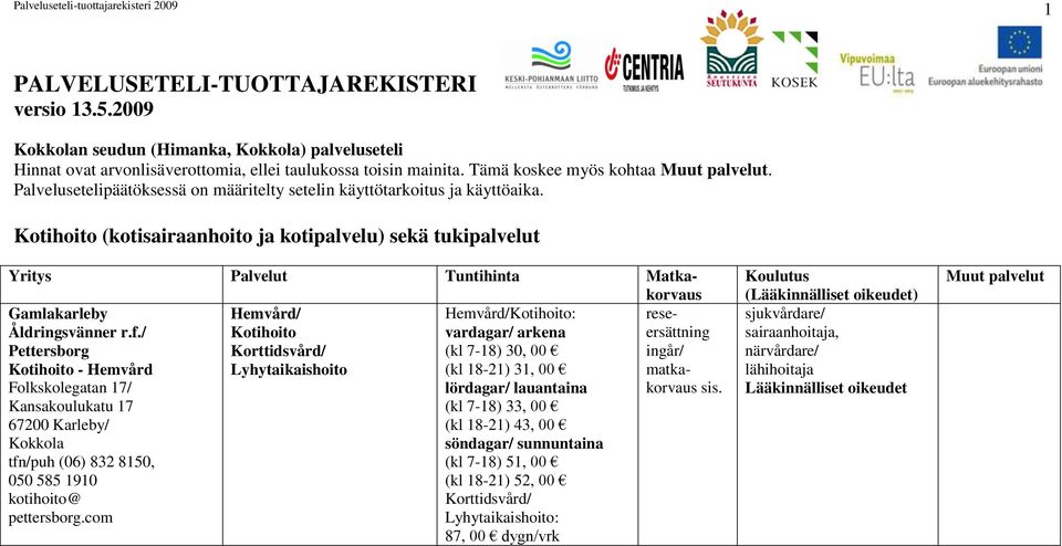 Kotihoito (kotisairaanhoito ja kotipalvelu) sekä tukipalvelut Yritys Palvelut Tuntihinta Matkakorvaus Gamlakarleby Hemvård/ Hemvård/Kotihoito: reseersättning Åldringsvänner r.f.