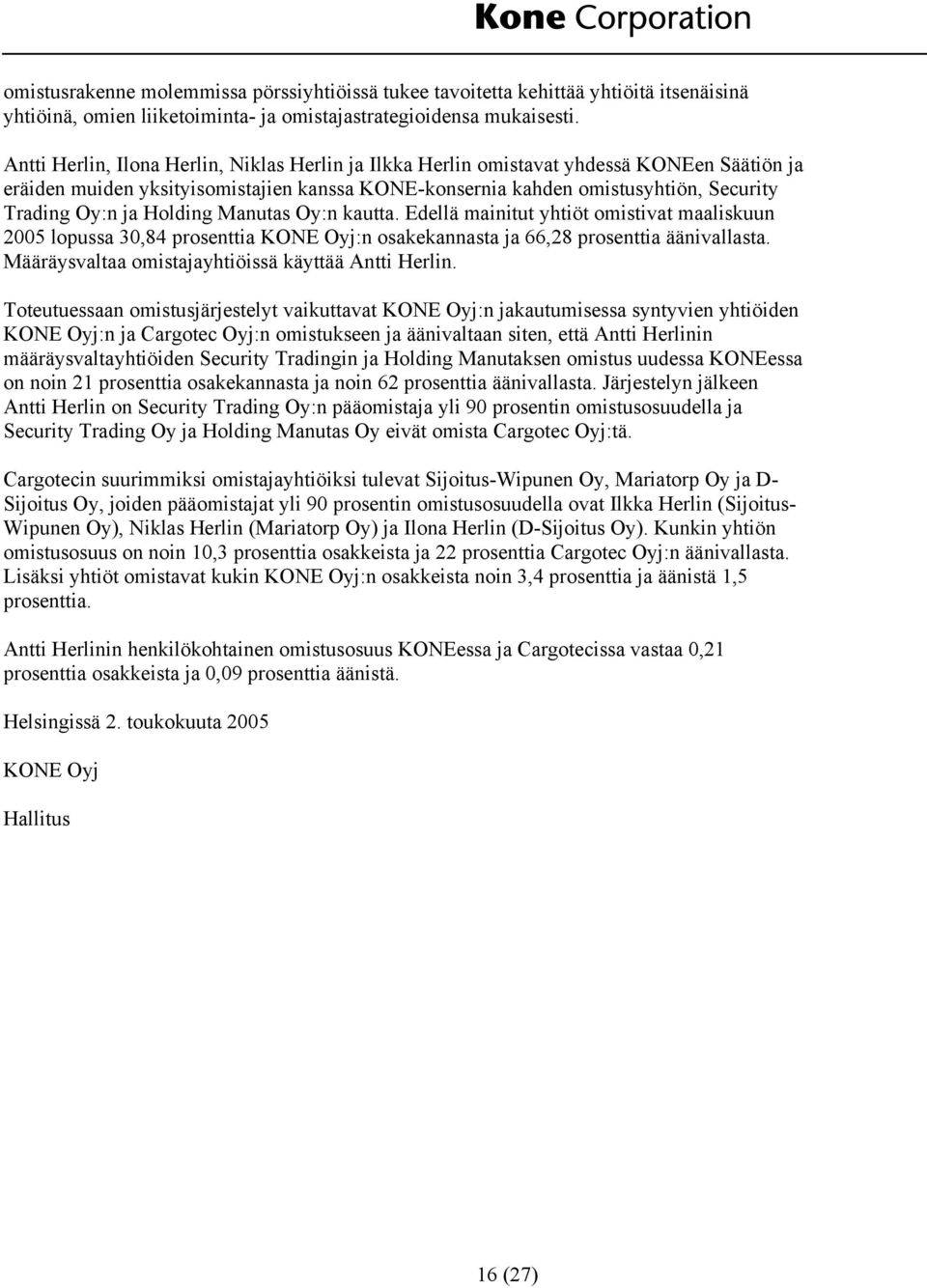 Holding Manutas Oy:n kautta. Edellä mainitut yhtiöt omistivat maaliskuun 2005 lopussa 30,84 prosenttia KONE Oyj:n osakekannasta ja 66,28 prosenttia äänivallasta.