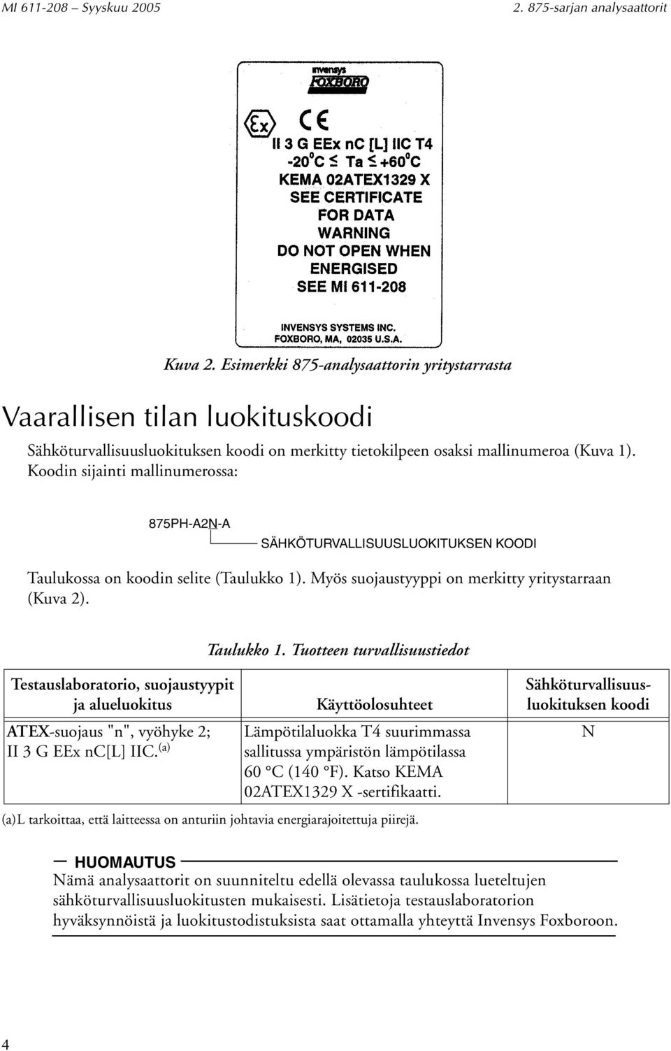Koodin sijainti mallinumerossa: 875PH-A2N-A SÄHKÖTURVALLISUUSLUOKITUKSEN KOODI Taulukossa on koodin selite (Taulukko 1). Myös suojaustyyppi on merkitty yritystarraan (Kuva 2). Taulukko 1.