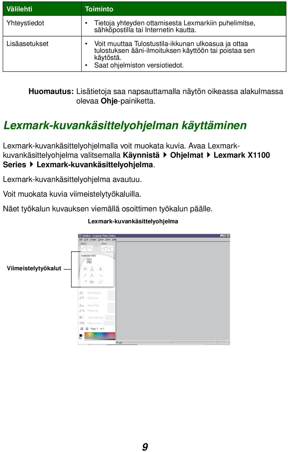 Huomautus: Lisätietoja saa napsauttamalla näytön oikeassa alakulmassa olevaa Ohje-painiketta. Lexmark-kuvankäsittelyohjelman käyttäminen Lexmark-kuvankäsittelyohjelmalla voit muokata kuvia.