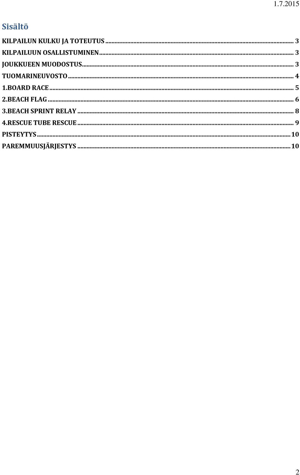 .. 3 TUOMARINEUVOSTO... 4 1.BOARD RACE... 5 2.BEACH FLAG... 6 3.