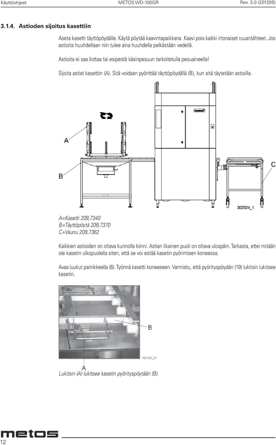 Sitä voidaan pyörittää täyttöpöydällä (B), kun sitä täytetään astioilla. A=Kasetti 209,7340 B=Täyttöpöytä 209,7370 C=Vaunu 209,7362 Kaikkien astioiden on oltava kunnolla kiinni.