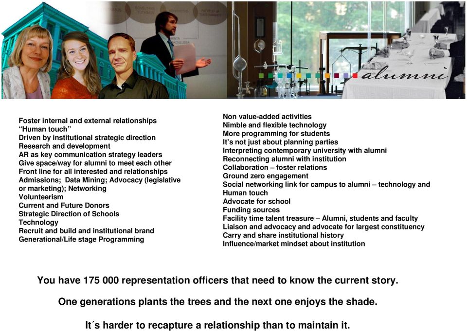 Schools Technology Recruit and build and institutional brand Generational/Life stage Programming Non value-added activities Nimble and flexible technology More programming for students It s not just