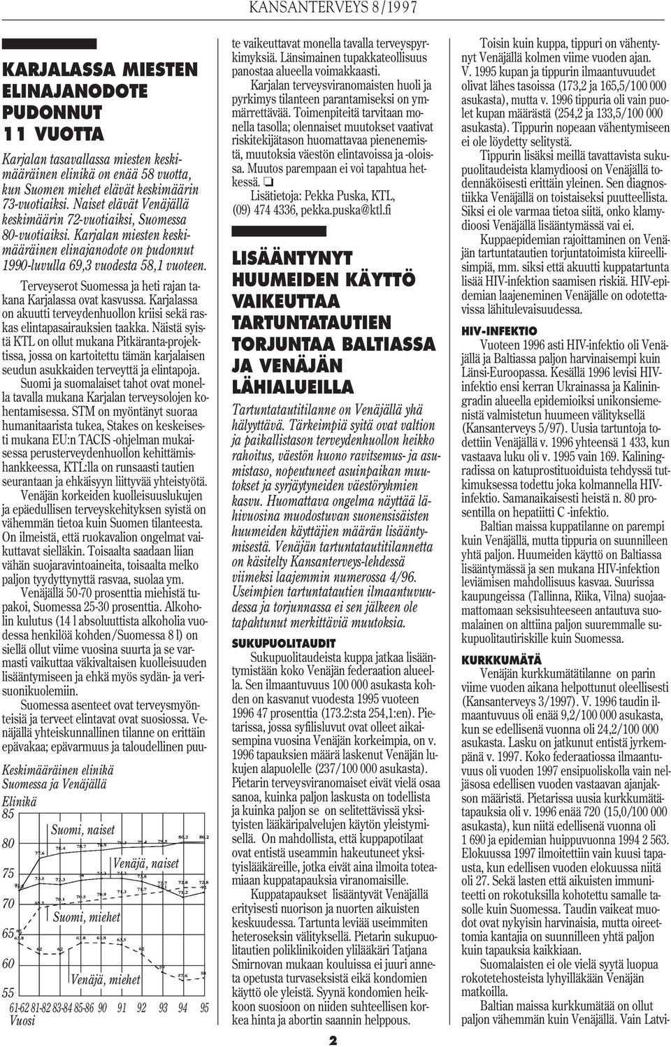 Naiset elävät Venäjällä keskimäärin 72-vuotiaiksi, Suomessa 80-vuotiaiksi. Karjalan miesten keskimääräinen elinajanodote on pudonnut 1990-luvulla 69,3 vuodesta 58,1 vuoteen.