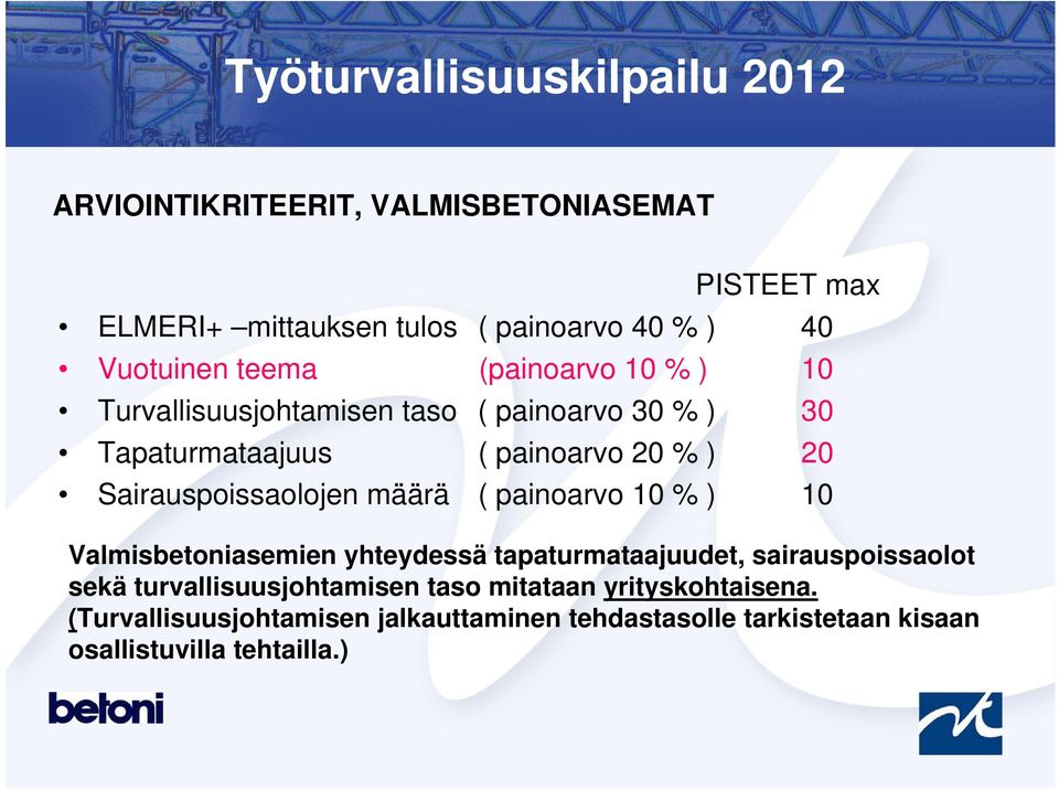 ( painoarvo 10 % ) 10 Valmisbetoniasemien yhteydessä tapaturmataajuudet, sairauspoissaolot sekä turvallisuusjohtamisen taso