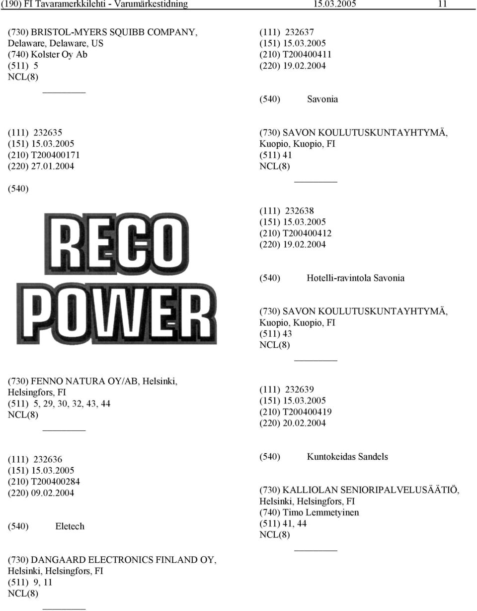 2004 Hotelli-ravintola Savonia (730) SAVON KOULUTUSKUNTAYHTYMÄ, Kuopio, Kuopio, FI (511) 43 (730) FENNO NATURA OY/AB, Helsinki, Helsingfors, FI (511) 5, 29, 30, 32, 43, 44 (111) 232639 (210)