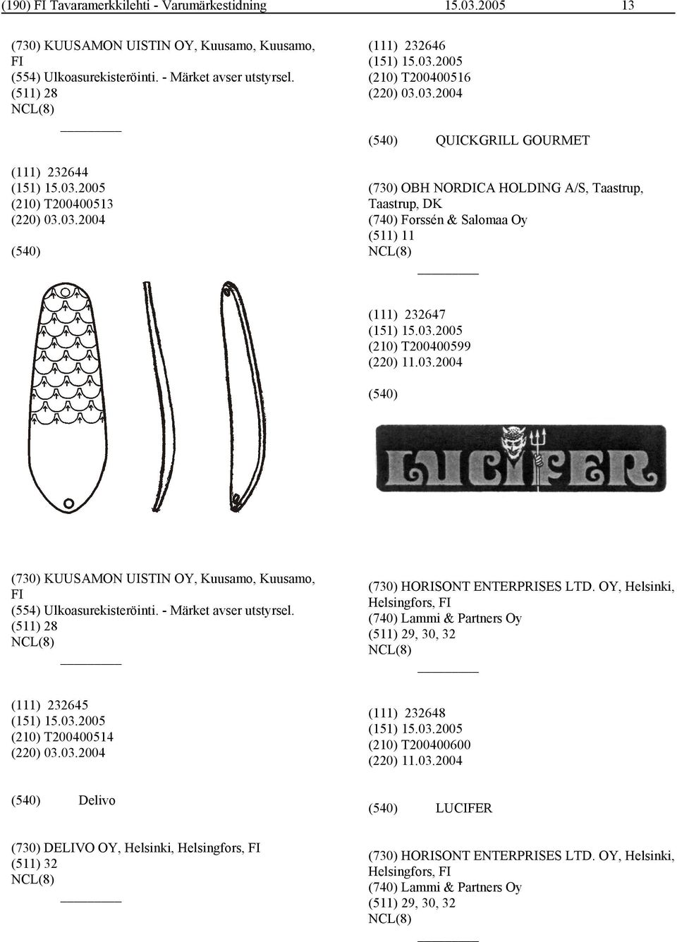 03.2004 (111) 232646 (210) T200400516 (220) 03.03.2004 QUICKGRILL GOURMET (730) OBH NORDICA HOLDING A/S, Taastrup, Taastrup, DK (740) Forssén & Salomaa Oy (511) 11 (111) 232647 (210) T200400599 (220) 11.