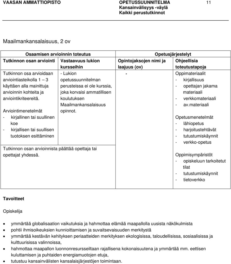 Arviointimenetelmät - kirjallinen tai suullinen koe - kirjallisen tai suullisen tuotoksen esittäminen - Lukion opetussuunnitelman perusteissa ei ole kurssia, joka korvaisi ammatillisen koulutuksen