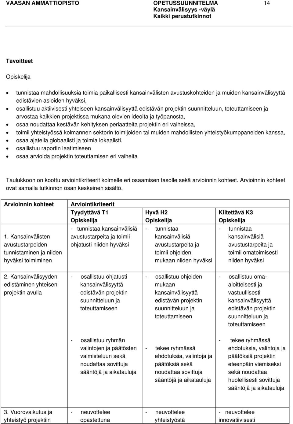 kehityksen periaatteita projektin eri vaiheissa, toimii yhteistyössä kolmannen sektorin toimijoiden tai muiden mahdollisten yhteistyökumppaneiden kanssa, osaa ajatella globaalisti ja toimia