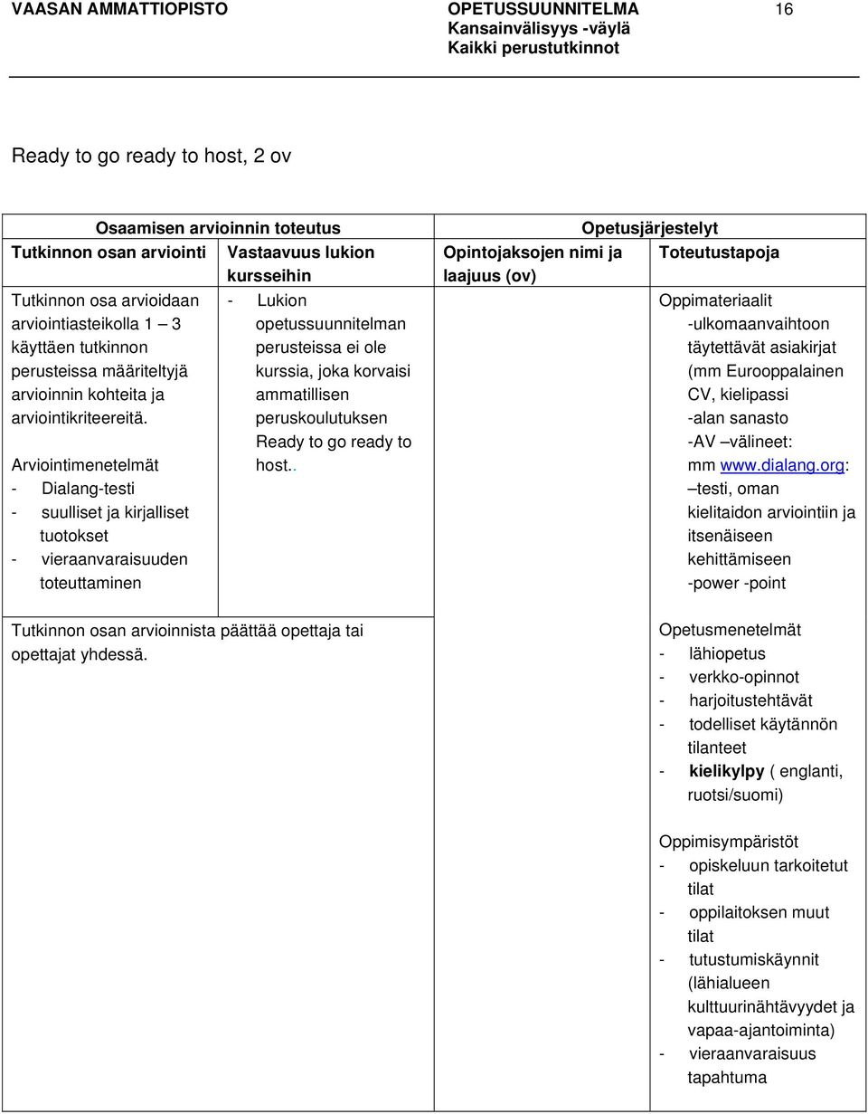 Arviointimenetelmät - Dialang-testi - suulliset ja kirjalliset tuotokset - vieraanvaraisuuden toteuttaminen - Lukion opetussuunnitelman perusteissa ei ole kurssia, joka korvaisi ammatillisen